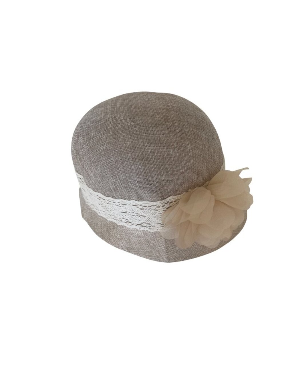 Angela & William Beige Linen Cloche Hat With Lace Band & Flower Accent